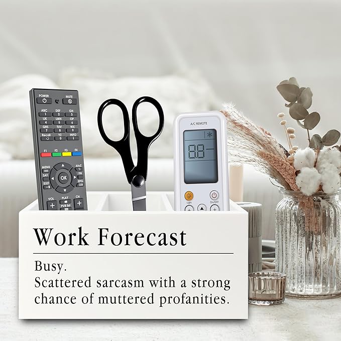 XPH Funny Pen Pencil Holder Organizer for Desk, Funny Coworkers Gifts for Women, Office Humor Gifts, Work Forecast Wooden Box Sign for Home Office Desk Tabletop Decorations