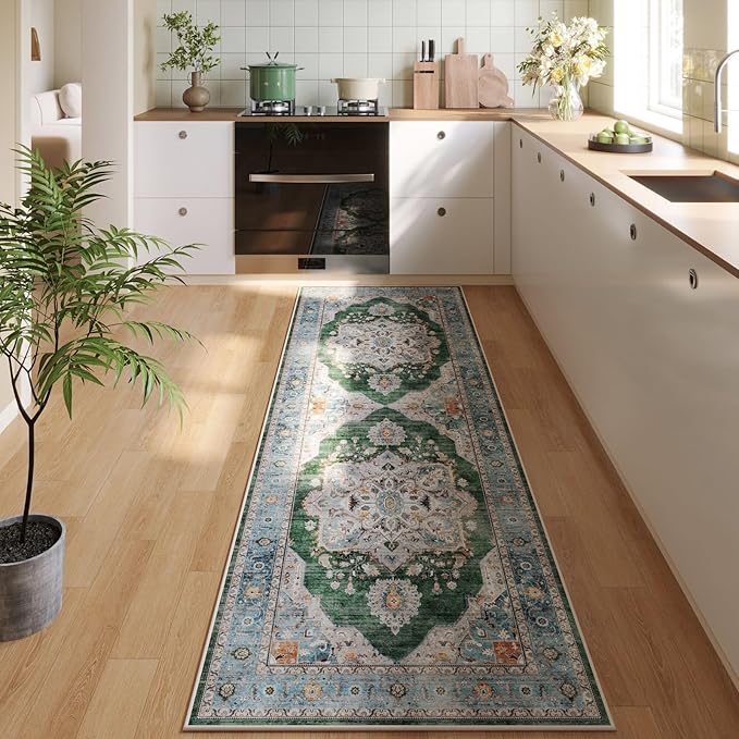 Rugcomf Vintage Medallion Kitchen Rugs Non Slip Washable 2'7"x8' - Low Pile Runner Rug, Boho Carpet for Hallways, Laundry, Bedroom, Bathroom - Green