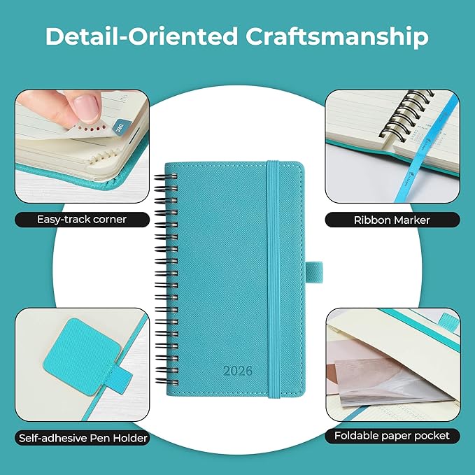 IN-LUXPRO Planner 2026 Daily Weekly and Monthly,6.5"x3.75",12 Months Spiral Bound Calendar Agenda with Self-adhesive Pen Holder,2026 Appointment Book with Vegan Leather Soft Cover,Light Blue