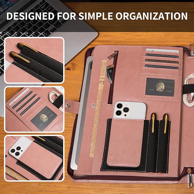 Geslun Personalized Vegan Leather Portfolio, Legal Size 8.5 x 14 Pad Holder, Custom Business Padfolio for Women, Zippered 14" Laptop Organizer, Professional Notepad Folio, Pink