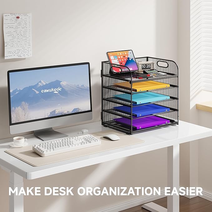 Cawukege 5 Tier Paper Organizer with Handle, Metal Mesh Desk Organizer File Folder Paper Letter Tray Desktop Document Sorter for Classroom, School, Office Accessories Organization and Storage - Black