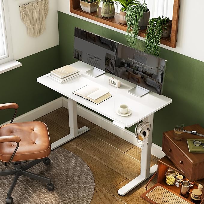 INNOVAR Glass Standing Desk with Drawers, 55 x 24 Inches Electric Height Adjustable Desk, Tempered Glass Top Stand Up Desks for Home and Office, White