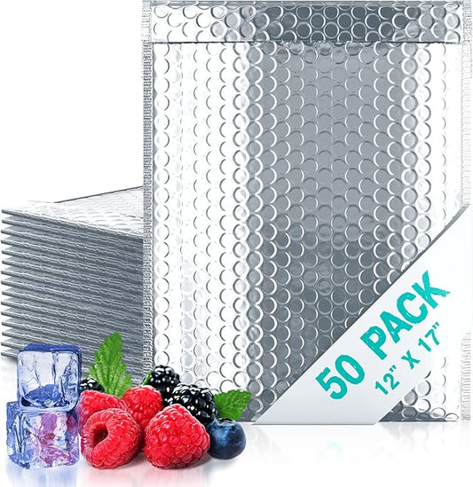 Amiff Silver Thermal Bubble Mailer, 12 x 17 Inches. 50 Pack Metallic Bubble Mailers. Self-Seal Insulated Mailers for Cold Shipping. Padded Envelopes Waterproof. Thermal Bag for Food, Cosmetics