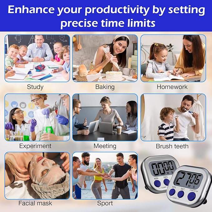 Leumoi 24 Pcs Digital Kitchen Timers Magnetic Back Timers Bulk Large Screen Loud Alarm On/Off Switch Minute Second Count up Countdown Memory Setting for Cooking Classroom Exercise (Sliver and Blue)