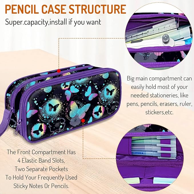 Cute Pencil Case for Girls, Large Girls Pencil Pouch for School Supplies, Portable Butterfly Pen Bag, Aesthetic Pen Box with Zipper, 2 Compartments Stationary Organizer for Kids Teens Students Adults