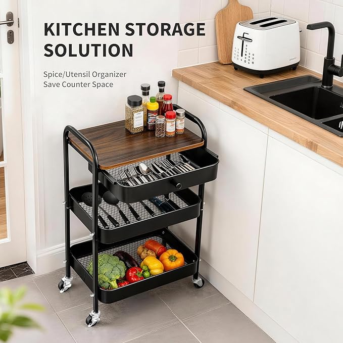 CAMOAT 3-Tier Rolling Storage Cart with Wooden Top and Drawer, Metal Mesh Mobile Utility Cart with Handle and Lockable Wheels, Multipurpose Organizer Trolley for Kitchen, Living Room, Bathroom,Office