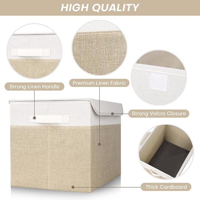 Bagnizer Large 17" 42 Quarts Collapsible Stackable Storage Bins with Lids [3-Pack] Foldable Fabric Linen Storage Boxes Cube, Closet Organizer Baskets with Label (16.7 x 12 x 12, Beige & White)