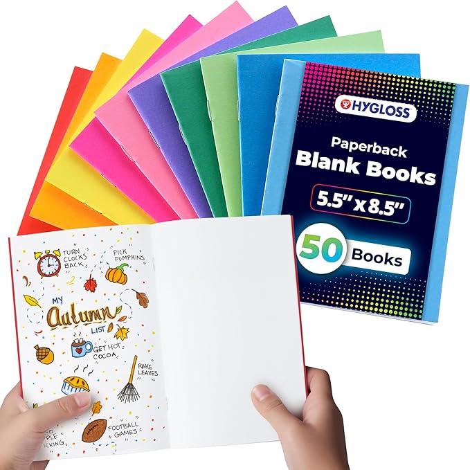 Hygloss Blank Books - Bulk 50 Pack – 5.5" x 8.5" A5 Assorted Colors – Paperback Blank Books for Kids to Write Stories, Doodle Art – Plain Drawing Sketchbook, Unlined Journal, Notebook Without Lines