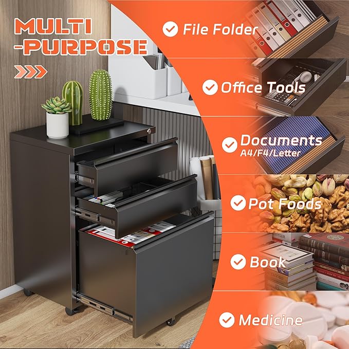 INTERGREAT 3 Drawer Mobile File Cabinet with Lock, Metal Filing Cabinets for Home Office, Rolling Under Desk Organizer for Letters/Legal/A4, (Fully Assembled-Black)