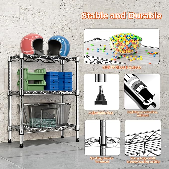 M MZG 750 lbs 3 Tier Shelf Metal Storage Shelves Wire Rack Closet Organizers with PP Board for Garage Kitchen Bathroom Laundry Chrome 11.8" D x 21.7" W x 28.6" H