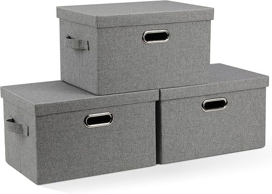 Graciadeco Medium 15" 21 Quart Collapsible Stackable Storage Bins with Lids, 3 Packs Grey Foldable Fabric Closet Boxes Heavy-duty Linen Cube Baskets Container for Bedroom Office (15 x 11 x 8)