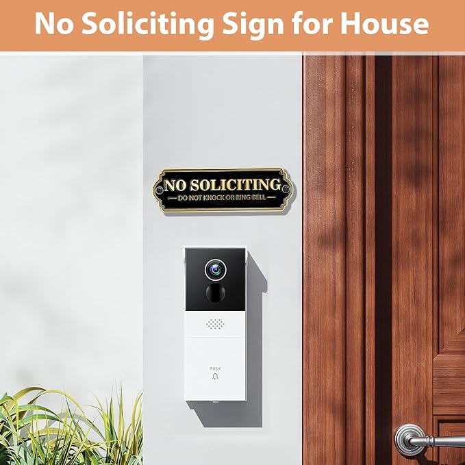 Brass No Soliciting Sign, No Soliciting Sign for House - Solid Brass Wall Plaque Handmade Traditional Home Decor, Elegant No Soliciting Do Not Knock or Ring Bell Sign for Office and Business (Brass No Soliciting Sign Yellow, 5 x 1.6 inches)