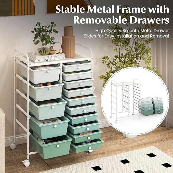 HAPPYGRILL 15-Drawer Rolling Cart, Storage Carts with Removable Drawers & Steel Frame, Utility Cart on Lockable Wheels for Home, School, Office, Macaroon, Gradient Green