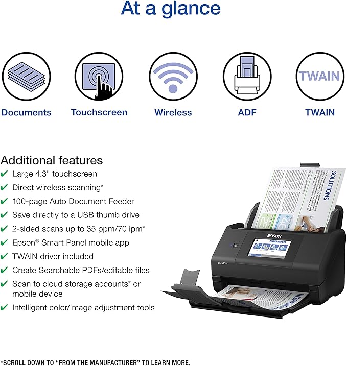 Epson Workforce ES-580W Wireless Color Duplex Desktop Document Scanner for PC and Mac with 100-sheet Auto Document Feeder (ADF) and Intuitive 4.3" Touchscreen. Full 1-Year Limited Warranty (Renewed)