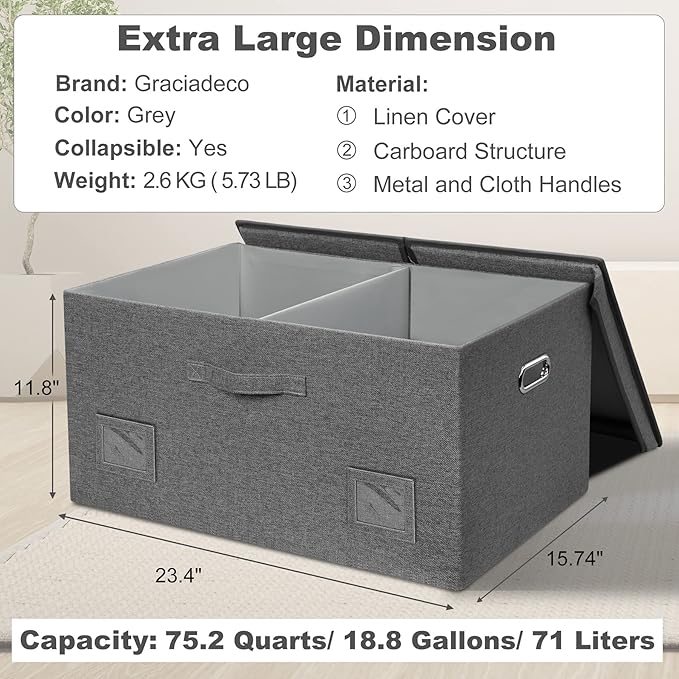 Graciadeco 75 Quarts Extra Large Decorative Storage Bins with Lids, 3 Packs Gray Collapsible Storage Bins with Lids, Stackable Storage Bins Decorative Box Storage With Lid Extra Large
