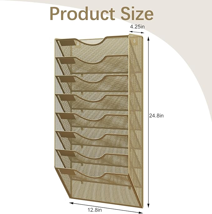 EasyPAG 8 Pocket Mesh Wall File Organizer, Hanging Paper Folder Holder with Classify Label, Vertical Wall Mount Mail Organizer for Office Home Classroom, Gold