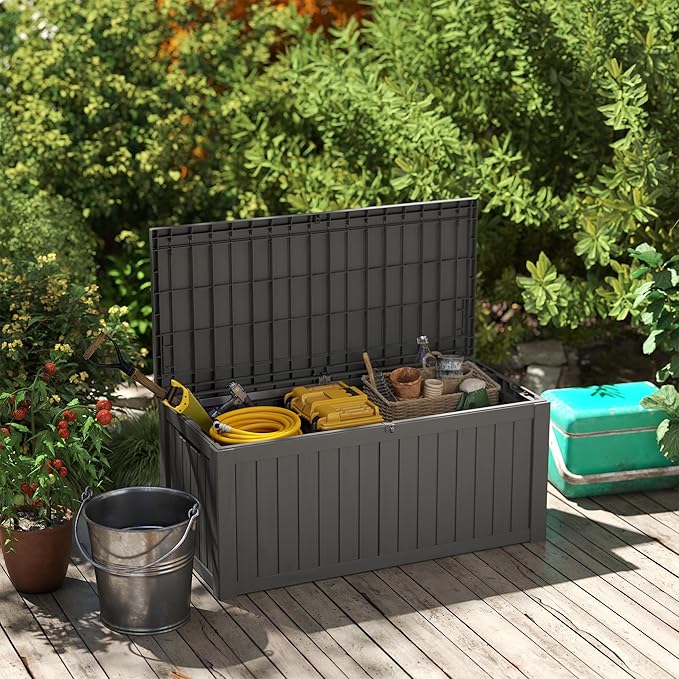 PATIOEASY Outdoor Storage Box 150GAL Waterproof Resin Deck Box,UV-Resistant Lockable Package Delivery Bin for Garden Tools,Large Patio Outside Cushions,Pool Accessories Supplies,Chest,Furniture,Black
