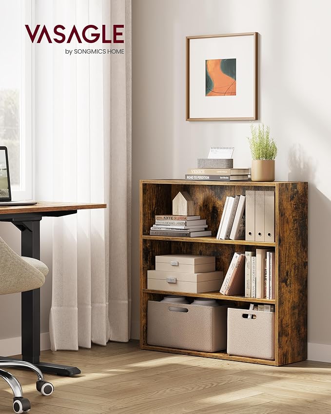 VASAGLE Custos Collection - Bookshelf, 3-Tier Bookcase, Book Shelf, Open Storage Shelf, 9.4 x 31.5 x 32 Inches, for Living Room, Home Office, Dinning Room, Rustic Brown ULBC173X01