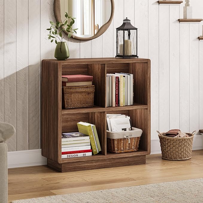 ChooChoo 4 Cube Storage Organizer, Wooden Bookcase with Storage, Cube Storage Bookshelf for Bedroom and Home Office, Brown Walnut