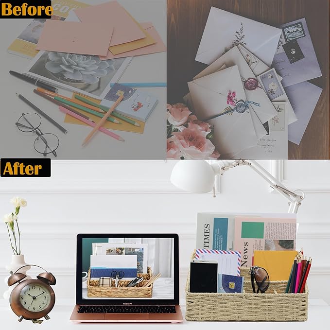 Boershun Rattan Mail Organizer - Countertop, Desk, Bills, Woven Basket, Magazine Holder, Mail Sorter, Hobo Organizer，Beige