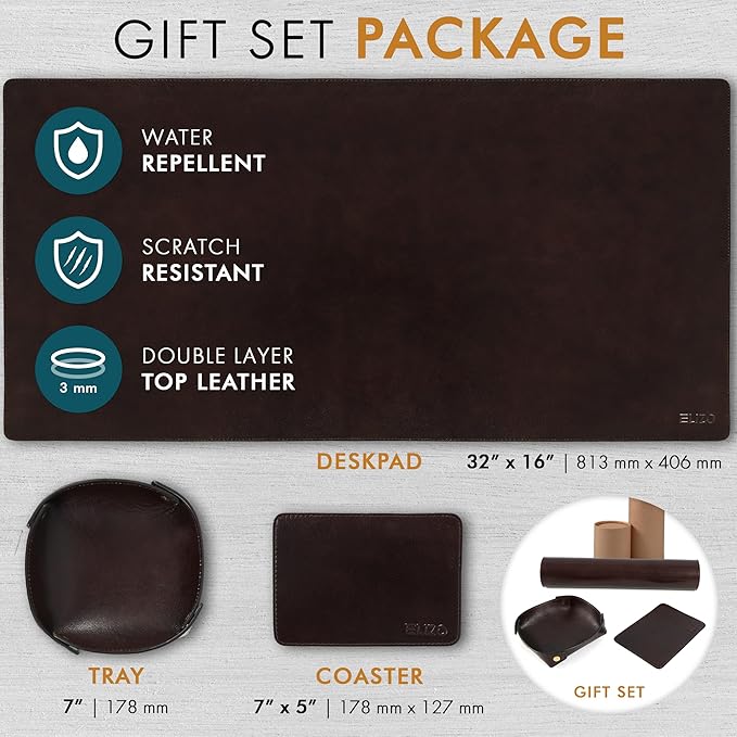 Elizo Leather Desk Mat Desk Pad Blotter Set - Real Full-Grain Leather (32x16) 2-Layer Genuine Desk Cover Protector & Large Mouse Pad | Computer Keyboard Desk Accessories for Office & Home
