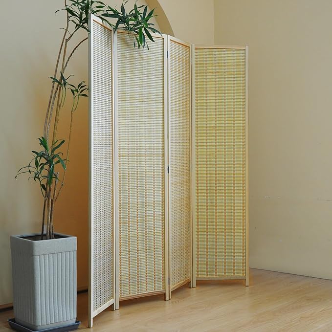 Furnnylane 4 Panel Bamboo Room Divider and Folding Panel Screen,Bamboo Panel Divider for Room Separation,Beige,67" H x 61.4" W