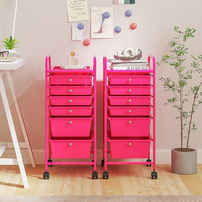 RELAX4LIFE 6-Drawer Rolling Storage Cart - Classroom Organization on Wheels w/Removable Plastic Drawers, Mobile Art Craft Cart for School Paper Home Office, Utility Cart with Drawers (Pink)