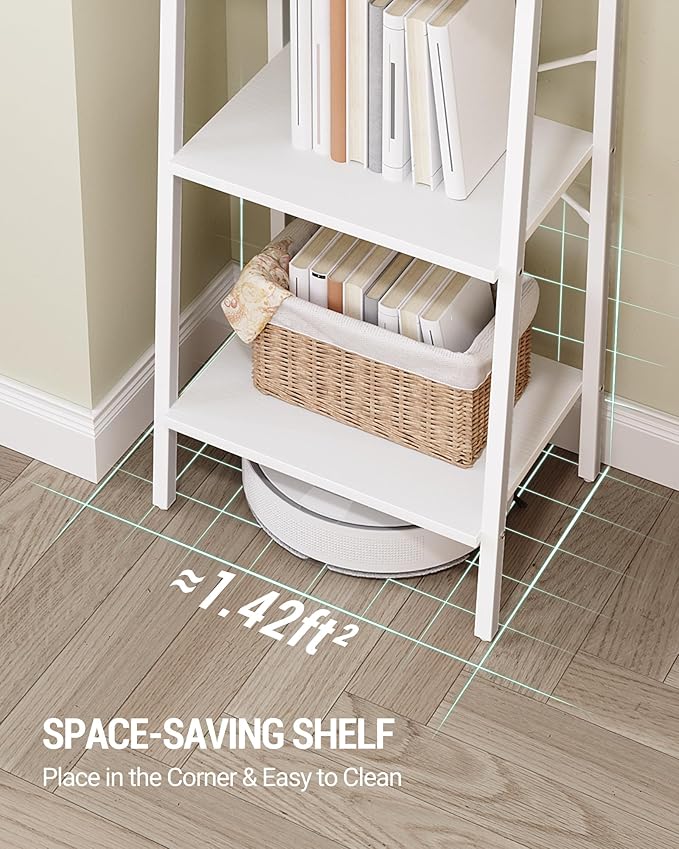 Hzuaneri Ladder Shelf, Bookshelf Bookcase, Freestanding Corner Storage Shelve with 2 Hooks for Home Office, Living Room, Kitchen, Bedroom, Industrial, 11.8" D x 17.3" W x 63" H, White BC19213W