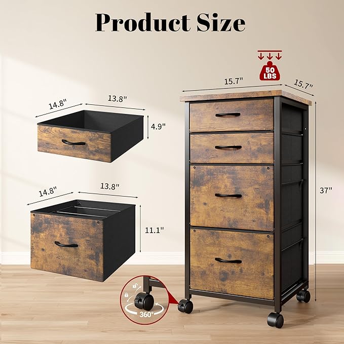 4 Drawers Mobile File Cabinet Vertical Filing Cabinet with Fabric Drawer Fits A4/Letter Size Printer Stand for Home Office，Rustic Brown