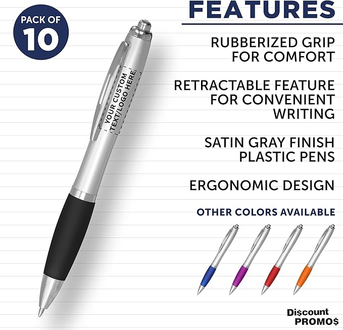 DISCOUNT PROMOS Personalized Ballpoint Pens With Rubber Grip, 10 pack Customizable Ergonomic Click-to-Write Custom Writing Pens for School with Black Ink, Black