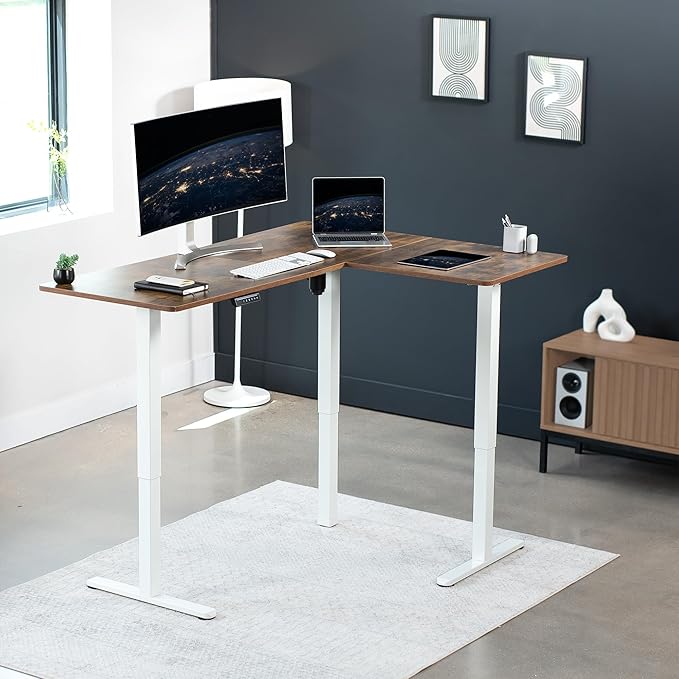 VIVO Electric Corner 63 x 47 inch L-Shaped Standing Desk, Memory Height Adjustment, Rustic Vintage Brown Top White Frame, DESK-E3CTWN-47