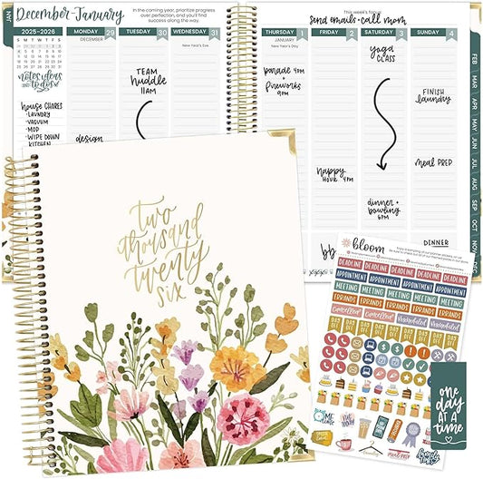 bloom daily planners 2026 Hardcover Calendar Year Goal & Vision Planner (January to December) - Monthly & Weekly Agenda Organizer - 7.5" x 9" - Beige Bouquet
