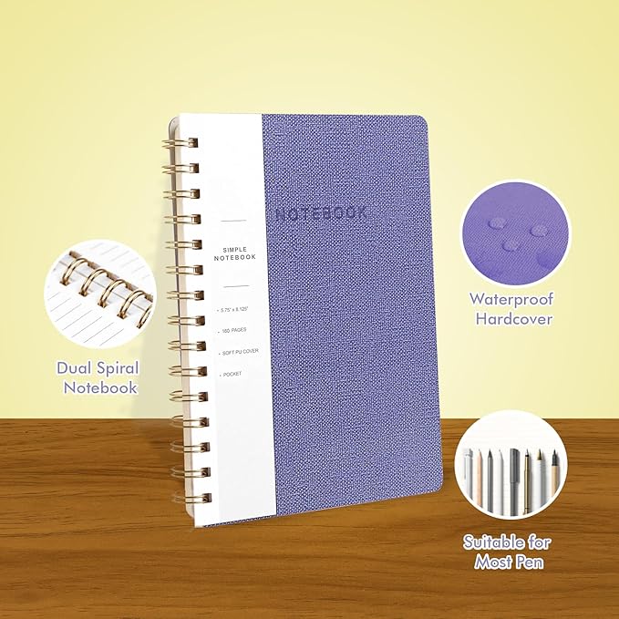 Spiral Notebook-5.75" x 8.125" College Ruled Journal with Inner Pockets and 160 Pages,PU Leather Cover Business Journal, Twin-Wire Binding Notebook Perfect for Office & Home School Supplies 3 pack Brown/Khaki/Violet