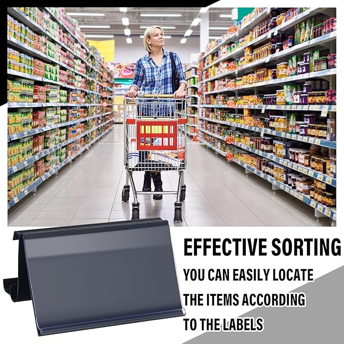 Kathfly 50 Pcs Wire Shelf Label Holders Compatible with Metro 1-1/4in Shelves, Plastic Wire Rack Label Holder 3" l x 1.25" H Price Tag Shelf Clips On, Black