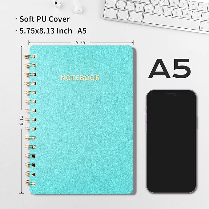 Spiral Notebook-5.75" x 8.125" College Ruled Journal with Inner Pockets and 160 Pages,PU Leather Cover Business Journal, Twin-Wire Binding Notebook Perfect for Office & Home School Supplies MintGreen