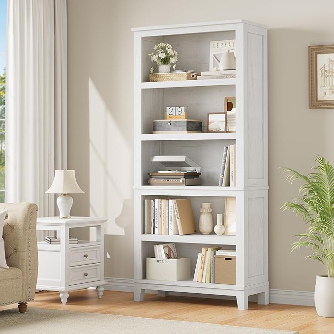 IDEALHOUSE 71" Farmhouse Bookshelf w/Adjustable Shelves & 31.5 in Whidth, 5 Tier Tall Bookshelf with Wooden Legs, Vintage Wooedn Book Shelf for Living Room Office (White, 71.3" H x 31.5" W x 11.8" D)