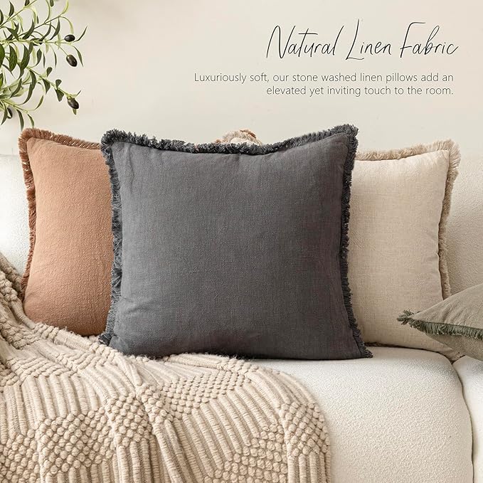 Foindtower Set of 2 Decorative Linen Fringe Lumbar Throw Pillow Covers Boho Farmhouse Cushion Cover with Tassels Soft Accent Pillowcase for Couch Sofa Bed Living Room Home Decor,12×20 Inch,Gray