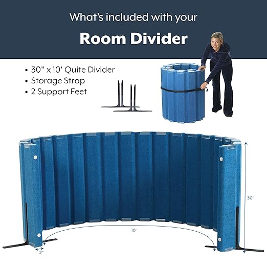 Angeles 30" x 10' Quiet Divider With Sound Dampening Panels, Freestanding Room Divider Wall, Blue