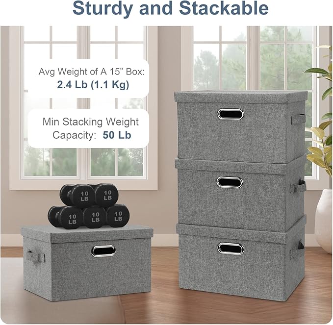Graciadeco Medium 15" 21 Quart Collapsible Stackable Storage Bins with Lids, 3 Packs Grey Foldable Fabric Closet Boxes Heavy-duty Linen Cube Baskets Container for Bedroom Office (15 x 11 x 8)