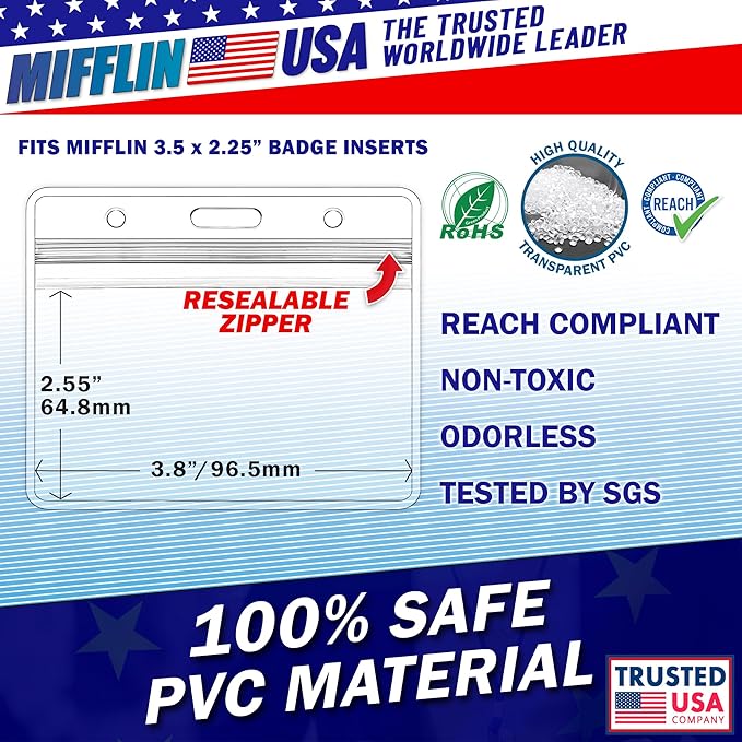 Mifflin-USA Horizontal ID Name Badge Holder (Clear, 3.5x2.25 Inches, 250 Pack), Waterproof and Resealable Plastic Card Holders