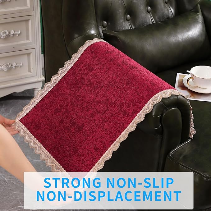 MINJIATEX Couch arm Covers,Non-Slip lace Sofa arm Covers Set of 2 Washable Sofa armrests Covers for Living Room Recliner Chair arm Cover Protectors for Leather Sofa armrest slipcover (GYDF-RED)