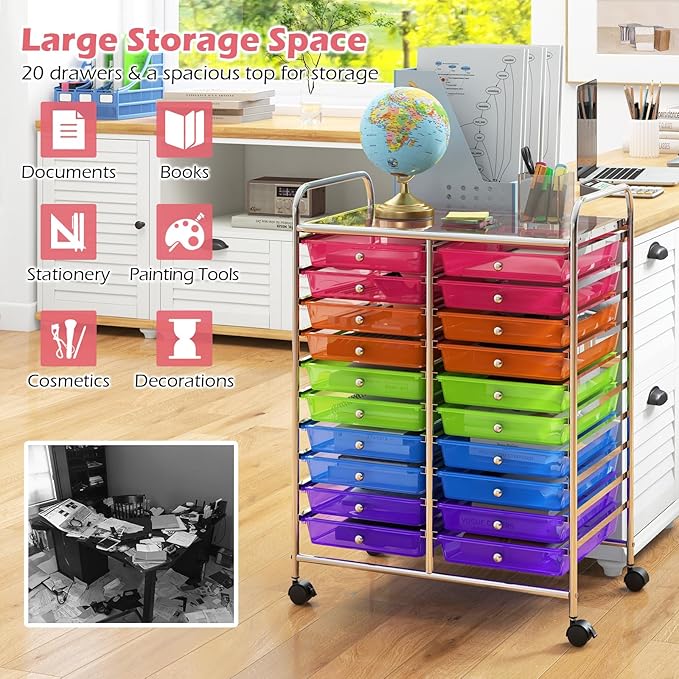 Happygrill 20-Drawer Organizer Cart Tools, Mobile Utility Storage Cart with Removable Drawers & Lockable Wheels, Rolling Storage Cart with wheels for Home Office School (Rainbow)