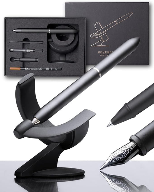 novium Hoverpen Future - Luxury Fountain Pen & Rollerball Pen All-In Gift Box, Schmidt Nib (Fine), Converter, Extra Refill, Aerospace Metal, Best Pen Gift Set for Men & Women (Deep Black)