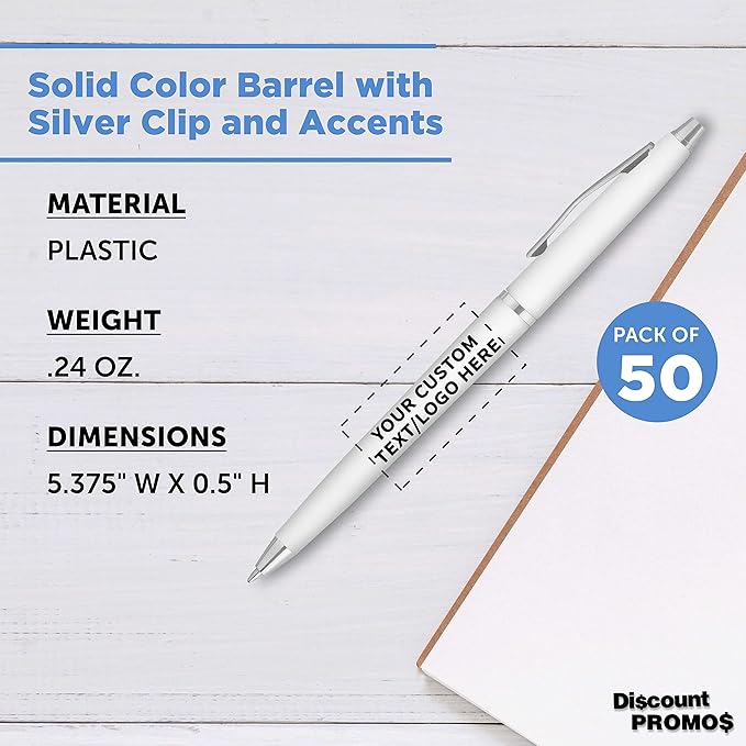 DISCOUNT PROMOS Custom Langham Ballpoint Ink Pen - Set of 50 Writing Pens for Work - Cool Pens for Writing, Black Ink, White
