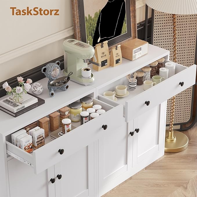 TaskStorz Metal Storage Cabinet with 2 Doors and 1 Drawer, Farmhouse Buffet Cabinet with Storage, 32.3" H Coffee Bar Cabinet with Storage for Kitchen, Dining Room, Hallway, White