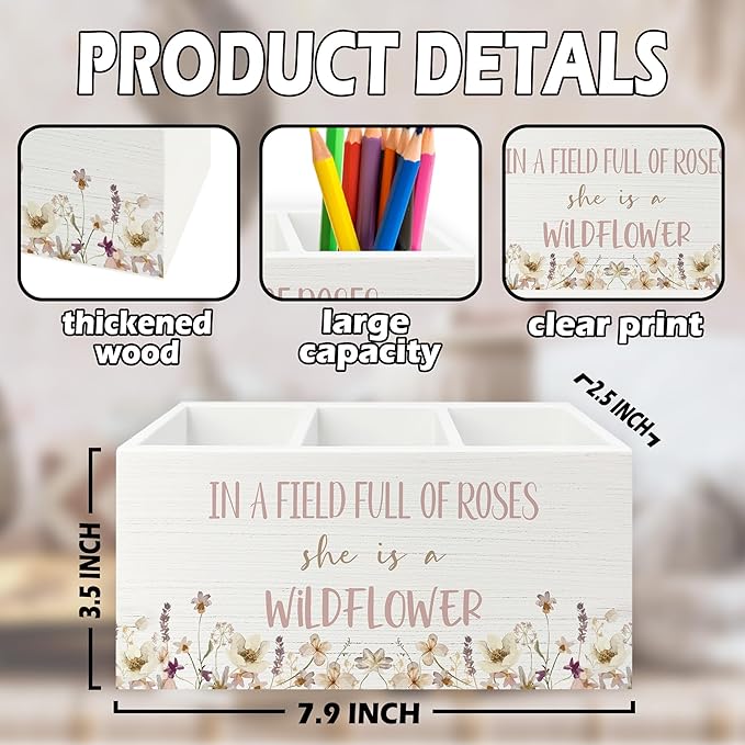 XPH Wildflower Nursery Decor Pen Pencil Holder Organizer for Desk, Girl Nursery Decor, in a Field Full of Roses She Is a Wildflower Wooden Box Sign for Girly Room Bedroom Desk Tabletop Decorations