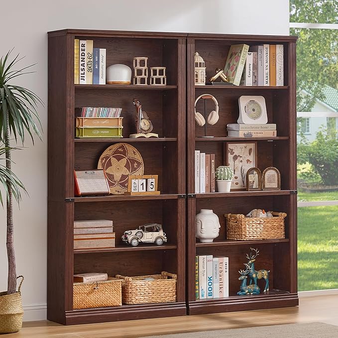 RWYHG 70" Walnut Tall Bookshelf Set of 2,5-Tier Thick Wooden Book Shelf with Adjustable Shelves,Free Standing Farmhouse Bookcase with Open Display Storage,Floor Vintage Bookshelves for Living Room