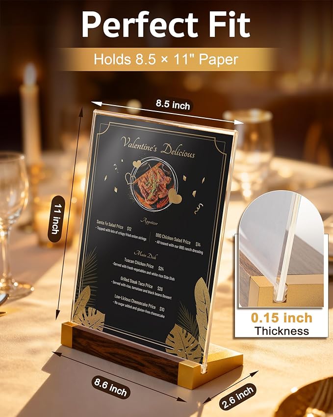 3 Pack Acrylic Sign Holder 8.5 x 11 Inch with Walnut Wood Base, Clear Tabletop Acrylic Display for Menu & Flyer Holder, Commercial Paper Stand for Restaurant, Office, Coffee, Bar, Wedding, Hotel