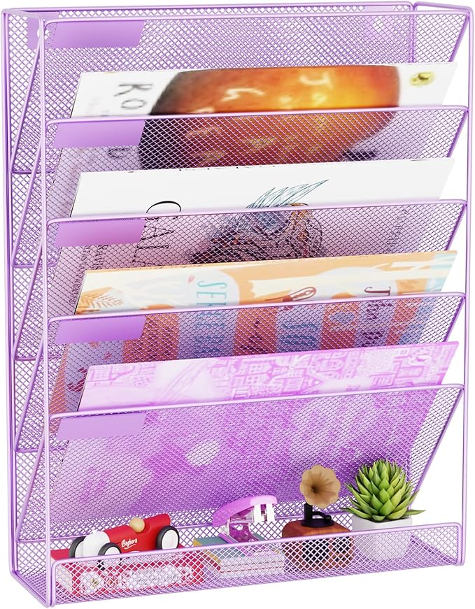 GDINDINFAN Wall File Organizer Holder Mesh Hanging Paper Document Holder, Vertical 6 Pocket Tier for Office Home, Light Purple