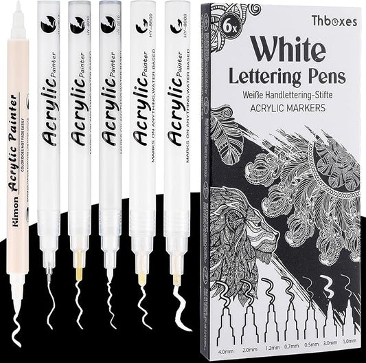 Thboxes White Pens Set, 6 Pcs Acrylic Paint Pens Dual-Tip Marker Fineliner Brush Pen Quick-Drying Waterproof White Ink Pen for Black Paper Drawing Sketching Clothes Wood Glass Ceramic Stone